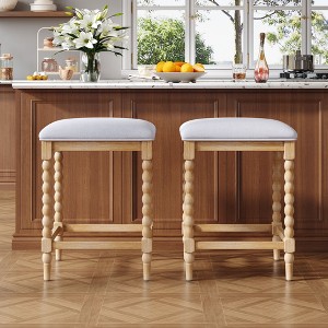 Okak Set of 2 Acacia Wood Upholstered Counter Stools for Dining Rooms,Kitchen Island Accent Stools with Foam-Padded Seat - 1 of 4