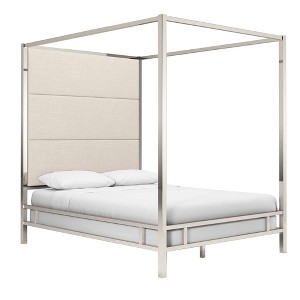 Queen Evert Chrome Metal Canopy Bed with Panel Headboard White - Inspire Q