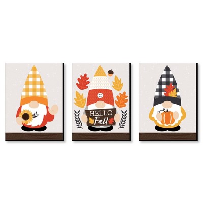 Big Dot of Happiness Fall Gnomes - Autumn Leaf Wall Art and Pumpkin Room Decor - 7.5 x 10 inches - Set of 3 Prints