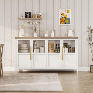Acekool 55" Farmhouse Storage Cabinet – 4 Glass Door Sideboard with Shelves, Slim Kitchen & Dining Organizer in Crisp White - 1 of 4