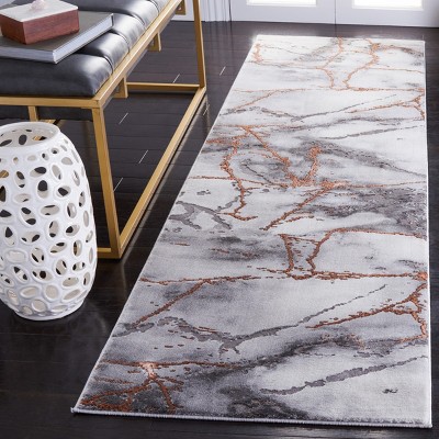 Gray and Orange Abstract Synthetic Runner Rug, 2'3" x 10'