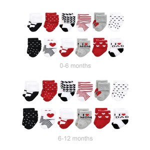 Hudson Baby Infant Girls Grow with Me Cotton Terry Socks, Mom Dad Girls Red Black, 0-6 and 6-12 Months - 1 of 2