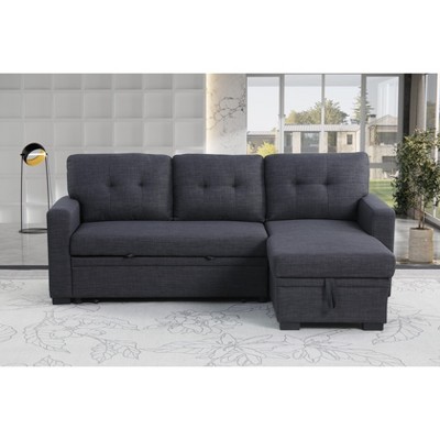 TiramisuBest Dark Gray Elegant Storage Sofa with Pull-Out Chaise, Twin Sleeper, Removable Cushions, Living Room Furniture