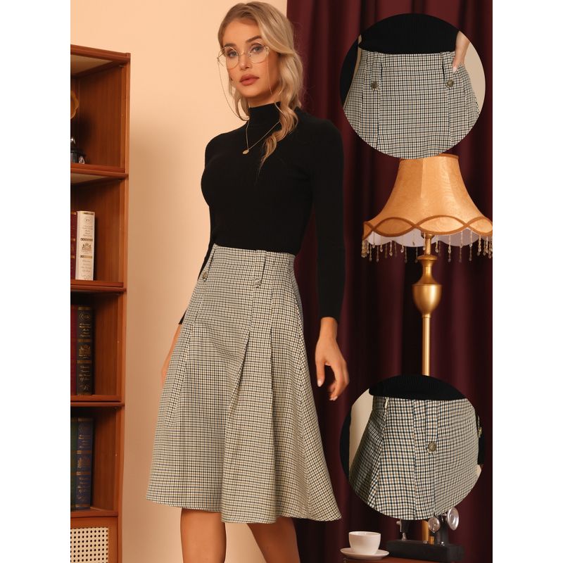 Allegra K Women's Vintage Plaid High Waist Pleated A-Line Midi Skirt, 2 of 7