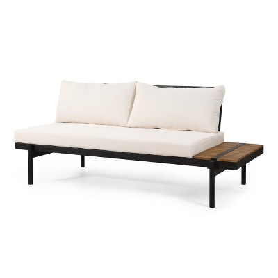 Teak and Black Acacia Wood 5-Seater Outdoor Sectional Sofa with Cream Cushions