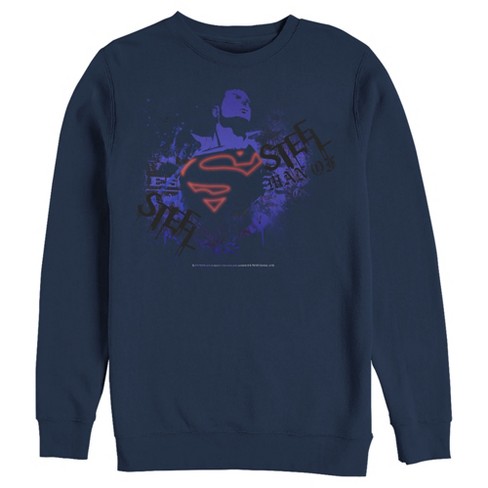 Men's Superman Hero Graffiti Neon Print Sweatshirt - Navy Blue - X Large