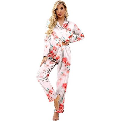 Ekouaer Women's Classic Button Down Long Satin Silk Pajama Set