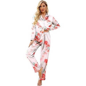 Ekouaer Women's Classic Button Down Long Satin Silk Pajama Set - 1 of 4