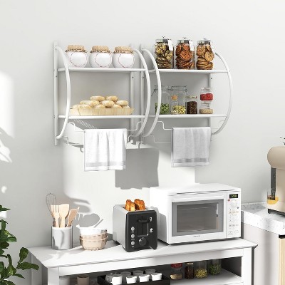 White Metal Wall-Mounted 2-Tier Bathroom Shelf with Towel Bars