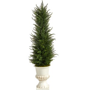 Nearly Natural 39-in Cypress Artificial Tree in White Urn UV Resistant (Indoor/Outdoor) - 1 of 4