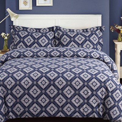 3pc Queen Damask Cotton Flannel Printed Oversized Duvet Set Navy - Tribeca Living