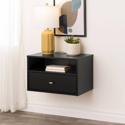 Set of 2 Black Floating Nightstands with Brass Handles