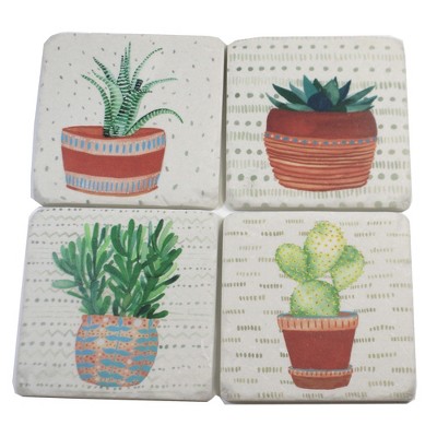 Tabletop 3.75" Cactus Coaster 4 Pc Set Plants Square Cork Back Neutral Ganz  -  Coasters