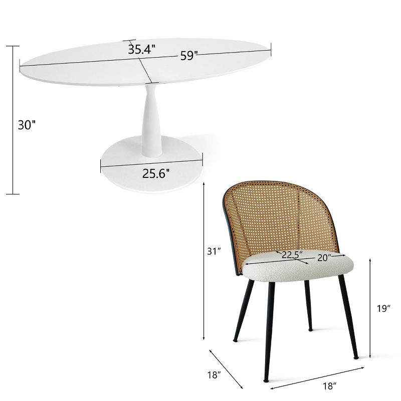 Modern Oval Dining Table Set For 4,Artificial Top Oval Dining Table with 59" and 4 White Bouclé Fabric Mesh Rattan Backrest Chair-Maison Boucle, 4 of 8