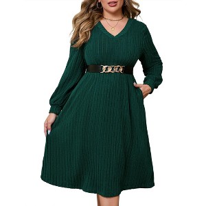 Coolmee Womens Plus Size Casual Sweater Dresses with Pockets V-Neck Lantern Long Sleeve Winter Pullover Sweater Midi Dresses with Belt XL Green - 1 of 4