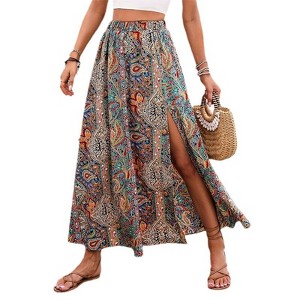Womens Boho Skirt A Line Midi Dress Side Slit High Waist Beach Vacation Swing Skirt Brown M - 1 of 4