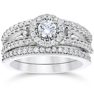 Pompeii3 1 Carat Vintage Halo Diamond Engagement Wedding Ring Set 14K White Gold