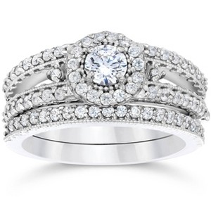 Pompeii3 1 Carat Vintage Halo Diamond Engagement Wedding Ring Set 14K White Gold - 1 of 4