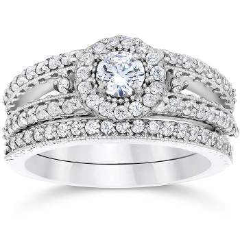 Pompeii3 1 Carat Vintage Halo Diamond Engagement Wedding Ring Set 14K White Gold