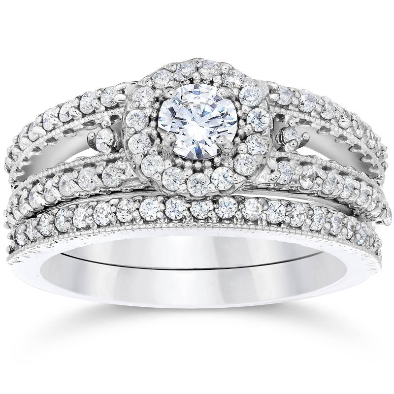 Pompeii3 1 Carat Vintage Halo Diamond Engagement Wedding Ring Set 14K White Gold, 1 of 6