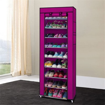 Shoe Rack 10-Tier Organizer - Space Saving Non-Woven Shoe Cabinet with 9 Compartments, Rose Red