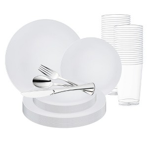 Smarty Had A Party White with Silver Rim Organic Round Disposable Plastic Wedding Value Set (60 Settings) - 1 of 1