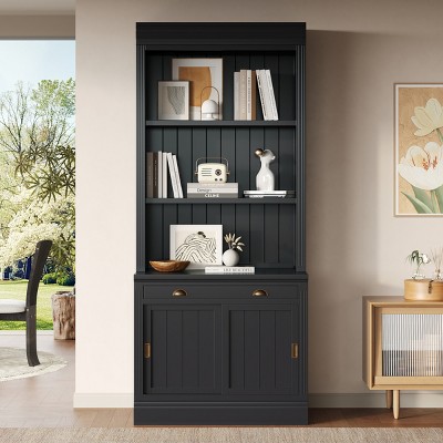 Tall Bookcase with Drawer and Glass Doors, Freestanding MDF Bookcase with Open Shelves for Living Room, 83.4 in-3irtyhousy