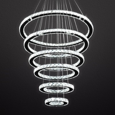 Ludomide Modern Crystal Chandelier, 6 Ring LED Ceiling Light Fixtures with 3 Colors, High Ceiling Foyer Chandelier for Living Room