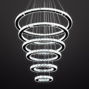 Ludomide Modern Crystal Chandelier, 6 Ring LED Ceiling Light Fixtures with 3 Colors, High Ceiling Foyer Chandelier for Living Room - 1 of 4