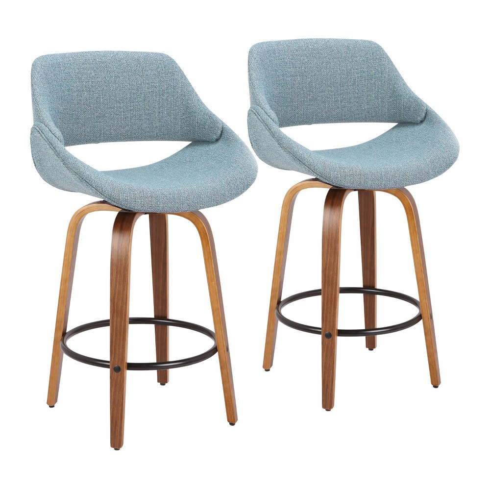 LumiSource Set of 2 Fabrico Mid Century Modern Counter Height Barstool Walnut/Blue:: Swivel, Polyester Upholstery, Wood Legs
