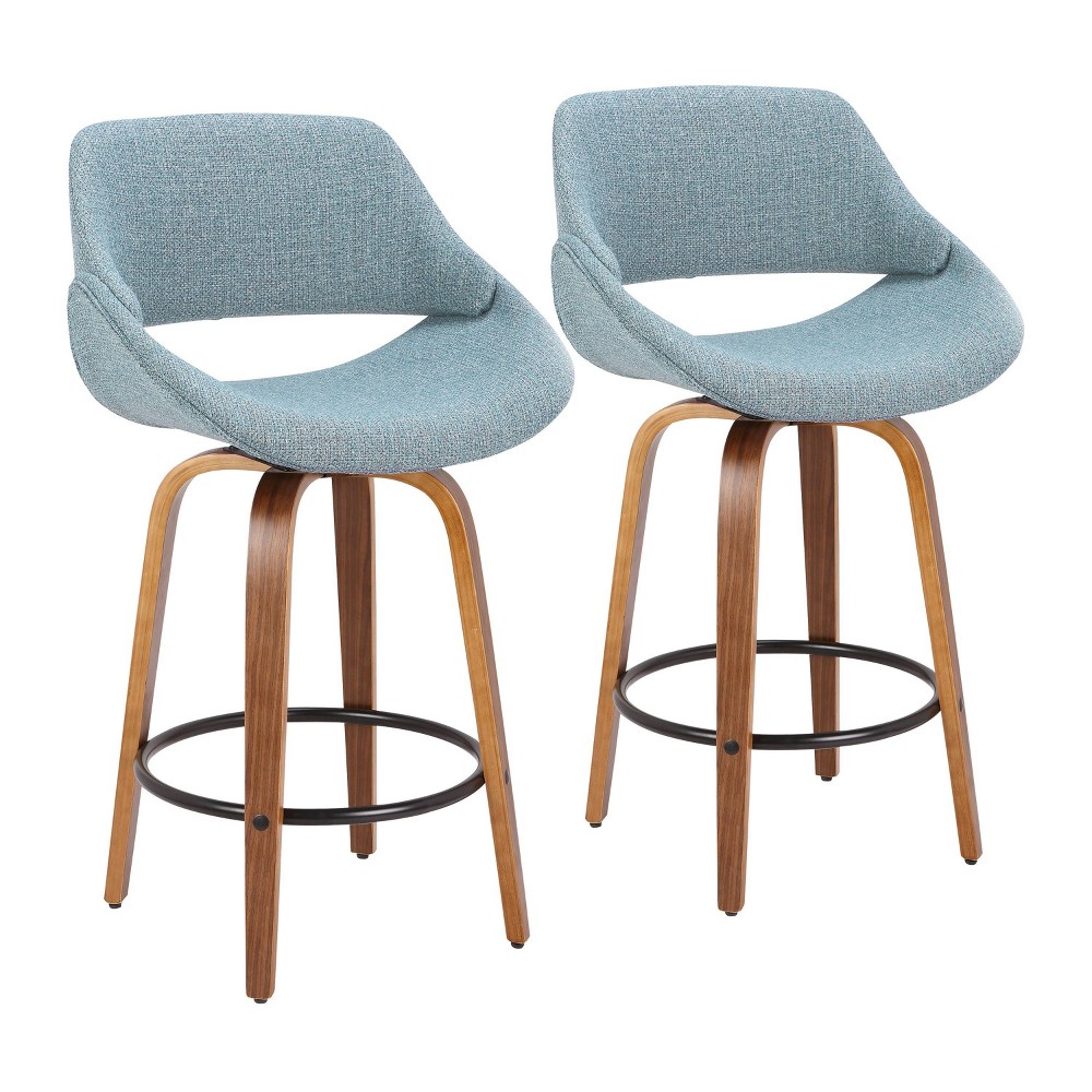 Photos - Chair Set of 2 Fabrico Mid Century Modern Counter Height Barstool Walnut/Blue 