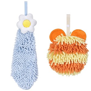 REGALWOVEN Soft Absorbent Cute Fuzzy Hanging Decorative Bathroom Chenille Hand Towel 6" x 15"/7" x 7" 2 Packs - 1 of 4