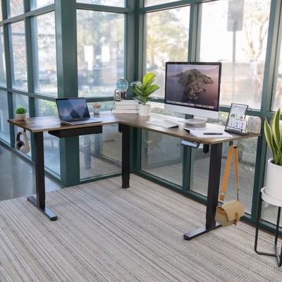Rustic Brown L-Shaped Electric Adjustable Standing Desk with Drawer
