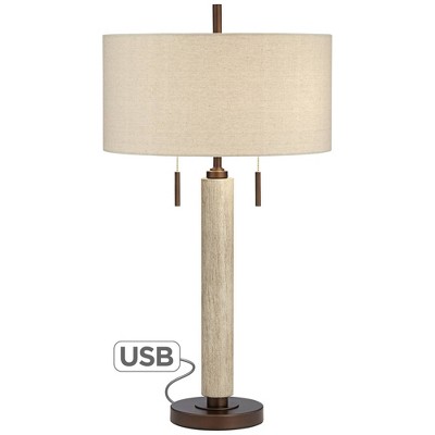 Franklin Iron Works Mid Century Modern Table Lamp with USB Port Wood Column Drum Shade for Living Room Bedroom Nightstand Family