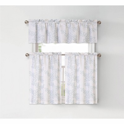 Aqua Embroidered Floral Kitchen Curtain Tier & Valance Set