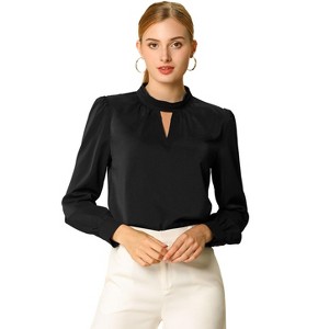 INSPIRE CHIC Women's Office Keyhole Elegant Stand Collar Long Sleeve Back Neck Button Blouse - 1 of 4