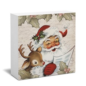 Christmas Santa Claus Decor, Vintage Christmas Santa Deer Wooden Box Sign - 1 of 4
