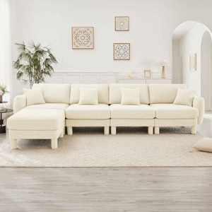 L-Shape Sectional Sofa with Ottoman, 4-Seater Sofa with Armrests and Cylindrical Legs, Boucle Fabric Couch with Cushion-Coolbibila - 1 of 4