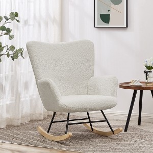 VECELO Upholstered Teddy Fabric Rocking Chair Modern Lounge Rocker Recliner with Safe Solid Wood Base Gray/White/Pink - 1 of 4