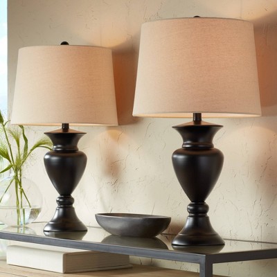 Regency Hill 26" Dark Bronze Table Lamps Set with Off-White Fabric Drum Shades