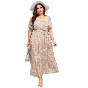 Garvee Women Plus Size V Neck Wrap Maxi Dress High Waist Ruffle Summer Casual Dress with Belt Short Sleeve - 1 of 4