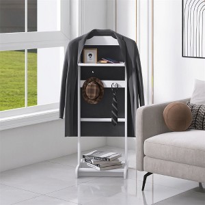 A sturdy and durable modern floor-standing clothes rack with a wooden top tray and hooks, suitable for bedrooms and entryways. - 1 of 4