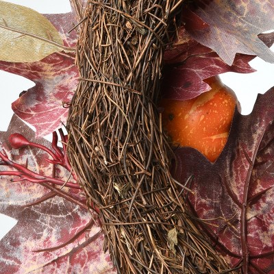 24" Artificial Maple Leaves Autumn Wreath with Pumpkins and Berries