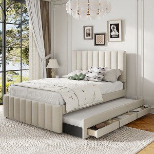 NicBex Twin Upholstered Bed Frame with Linen Headboard,Wood Platform Bed Frame with Trundle and 3 Drawers,No Box Spring Needed,Easy Assembly - 1 of 4