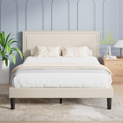 VECELO Upholstered Bed with Adjustable Headboard, Bed Frame