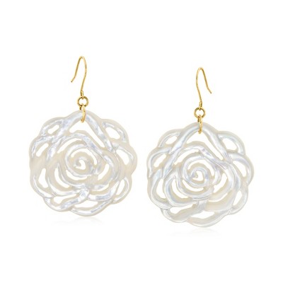 Ross-Simons Carved Mother-Of-Pearl Rose Drop Earrings With 14kt Yellow Gold