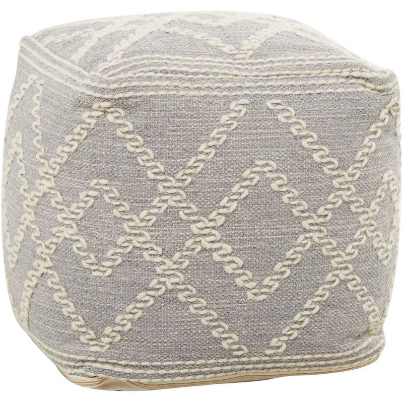 Trullo White and Gray Geometric Hand Woven Cotton and Wool Pouf Ottoman, 1 of 2