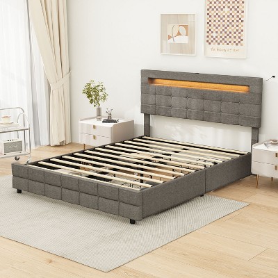 FUFU&GAGA Gray Queen Size Bed with LED Lights USB Ports & Storage Drawers