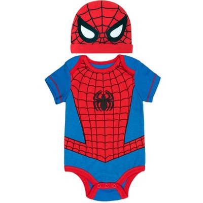 Image of Marvel Avengers Spider-Man Newborn Baby Boys Cosplay Short Sleeve Bodysuit & Hat Blue 0-3 Months