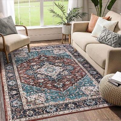 Washable Rug – Vintage Floral Print Carpet, Stain Resistant Non-Slip Low Pile Area Rug for Living Room, Bedroom, Dining Room